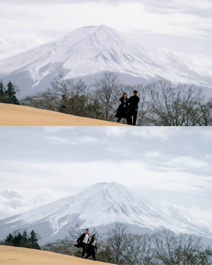 The engaged couple stand on the Kawaguchiko hilltop below a snow-capped Mount Fuji, then run across it hand in hand after the proposal.
