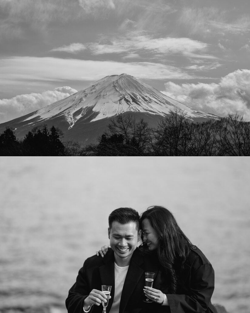 Mount Fuji under towering March clouds, and the engaged couple smiling over champagne by the water, in black and white.