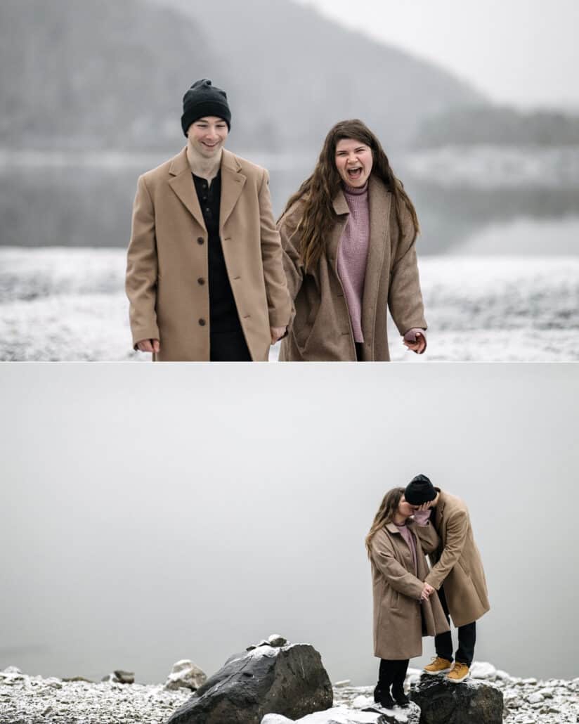 She laughs out loud beside him on the snowy shore of Lake Shoji after she said yes, and they embrace on a rock at the water's edge.