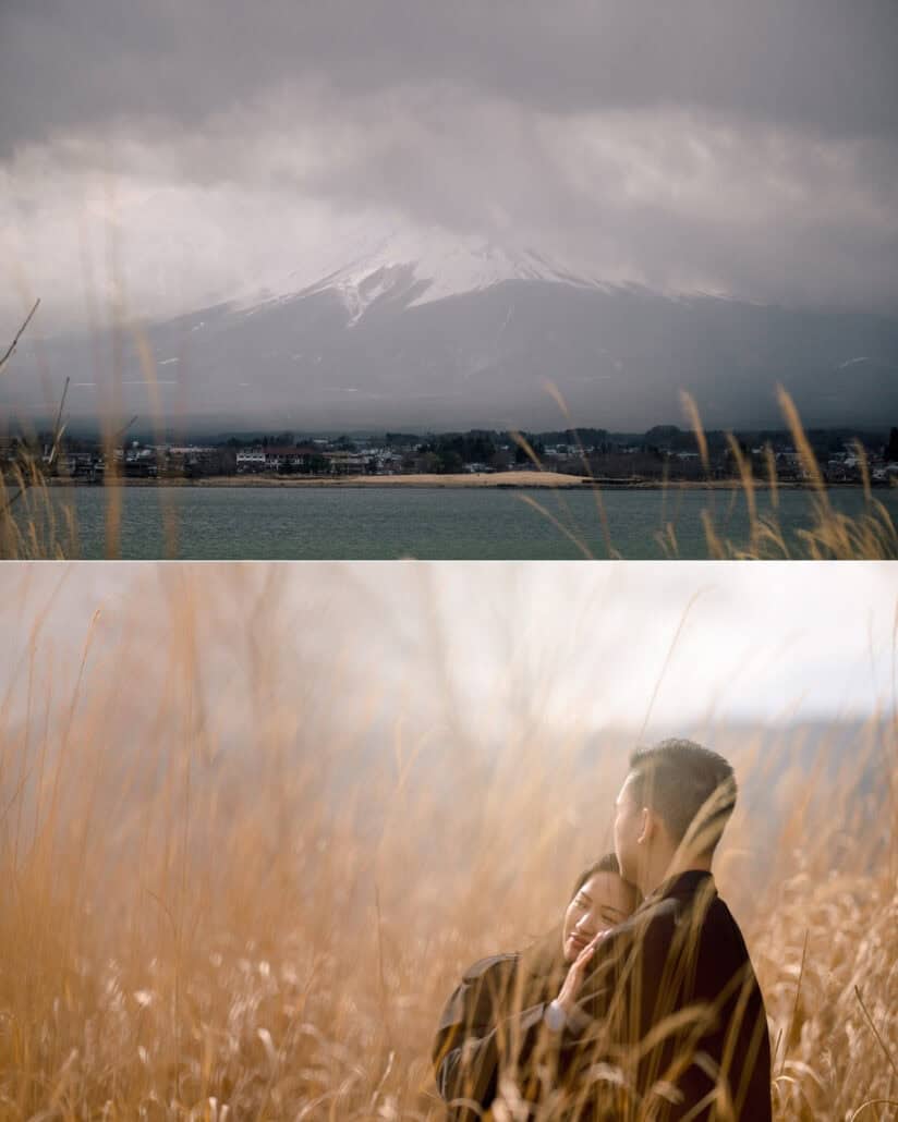 Mount Fuji weather turning in March, the mountain half hidden in dark cloud over Lake Kawaguchiko and its town.