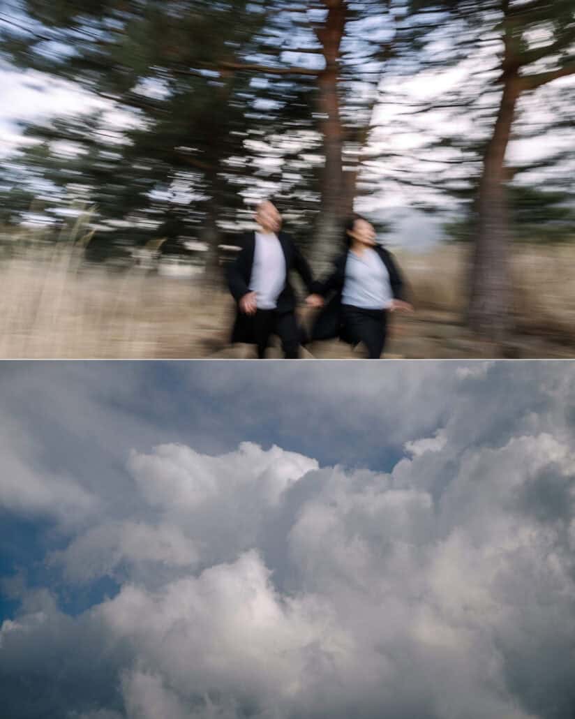 The couple walk hand in hand through the pines in a blur of motion, and big March clouds roll across the sky.