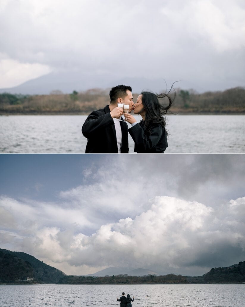 The couple kiss mid-toast, champagne in hand and her hair whipped by the wind, then stand tiny under huge clouds on the lakeshore.