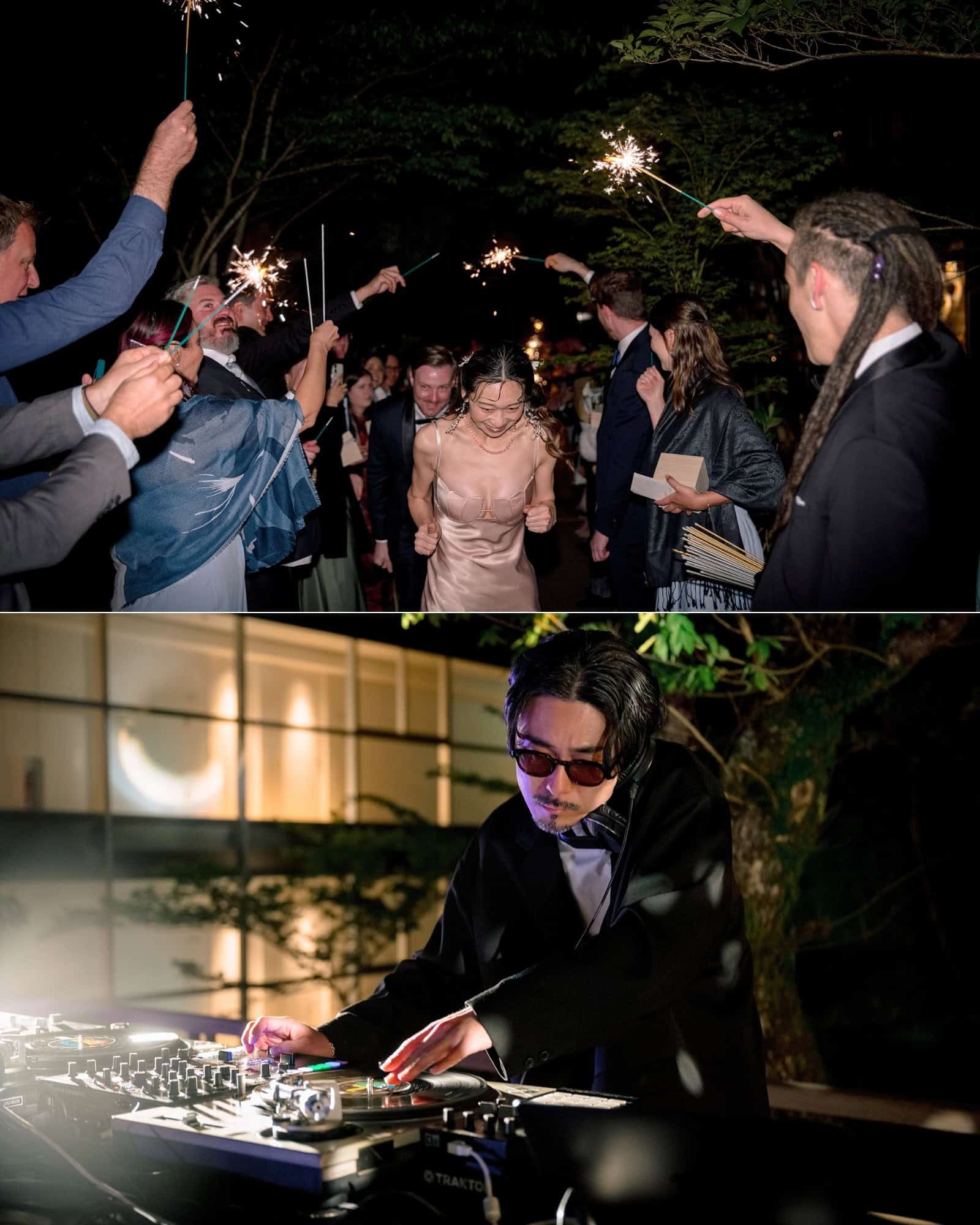 Guests hold sparklers as the bride runs through at night, and a DJ plays turntables on the terrace of a forest wedding venue in Hakone.