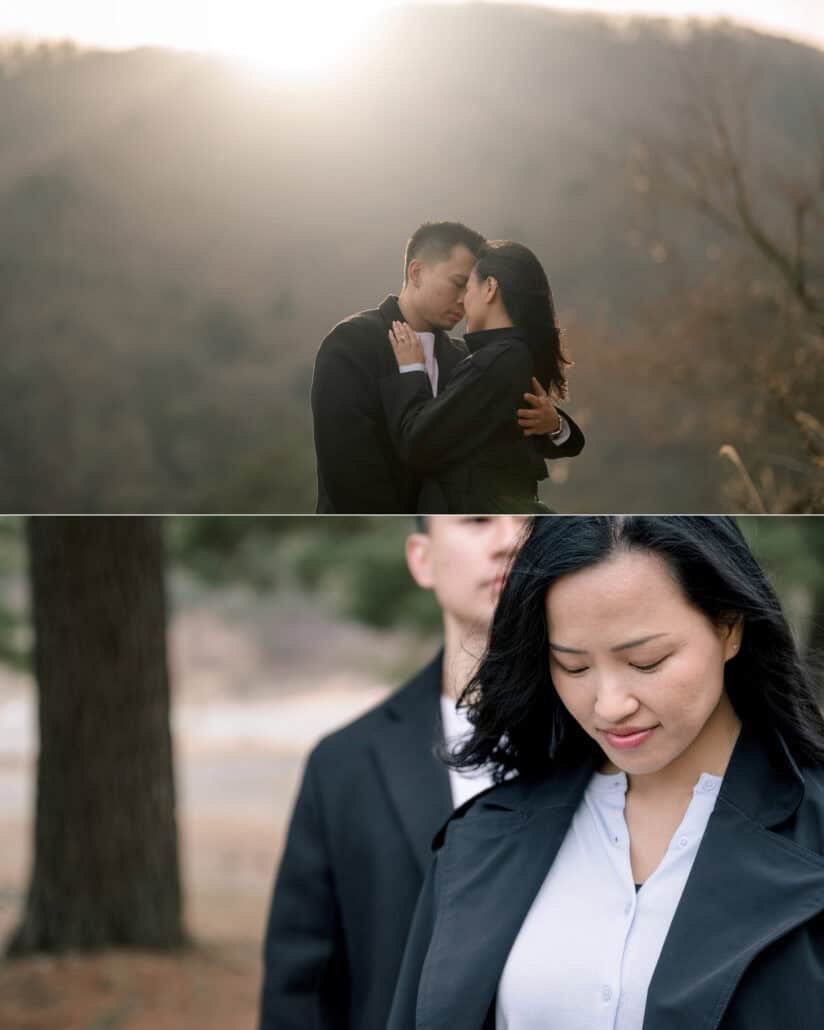 The couple kiss in hazy sunlight among the trees near Mount Fuji, and she looks down smiling beside him.