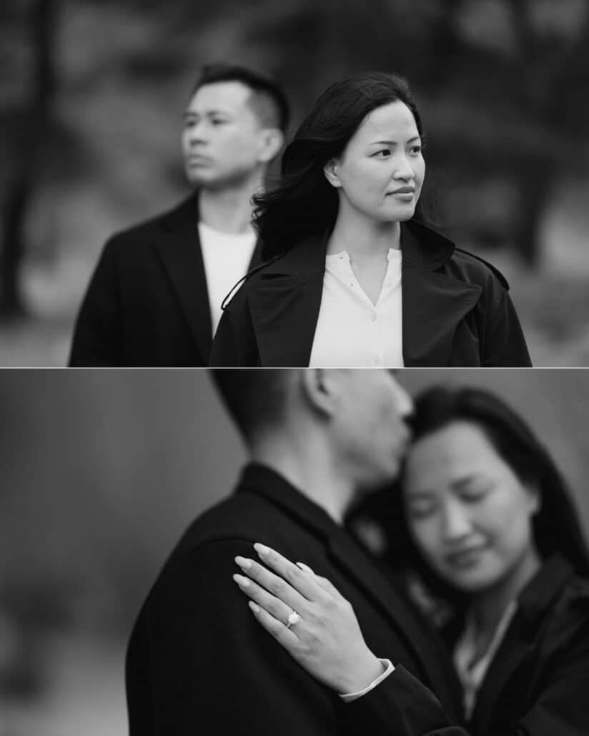 An engagement portrait in black and white, and her new ring on his shoulder as he kisses her hair.