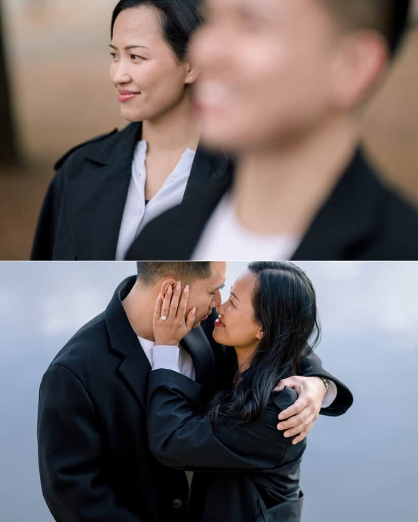 She smiles past his shoulder, and the newly engaged couple hold each other close, her ring catching the light.
