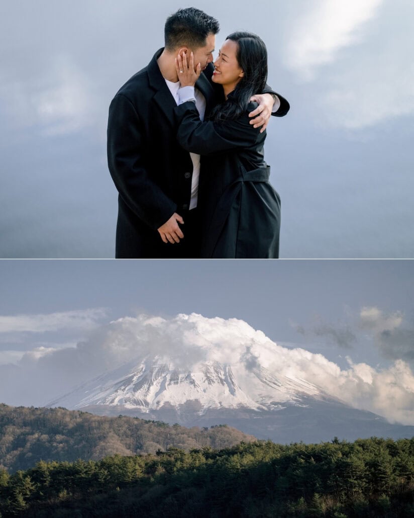 The couple embrace, laughing, against a pale sky, and Mount Fuji wrapped in cloud above the forest on the afternoon of the proposal.