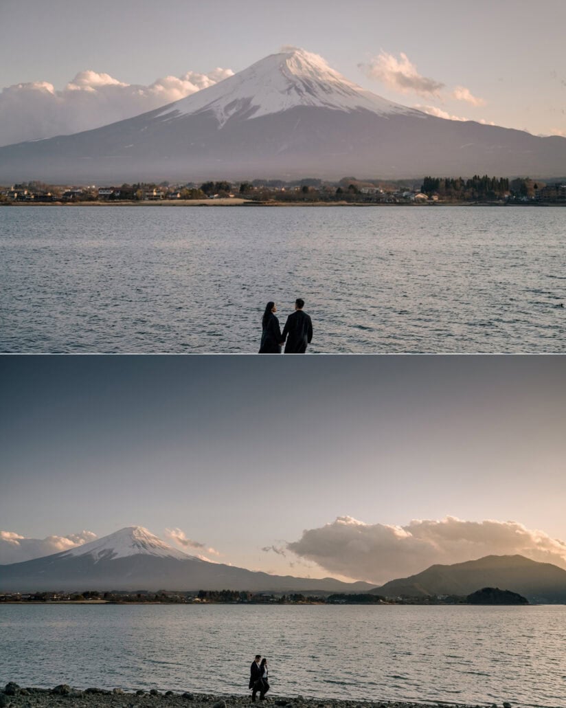 Mount Fuji in late afternoon light across Lake Kawaguchiko, the engaged couple small on the shore, and again at sundown.
