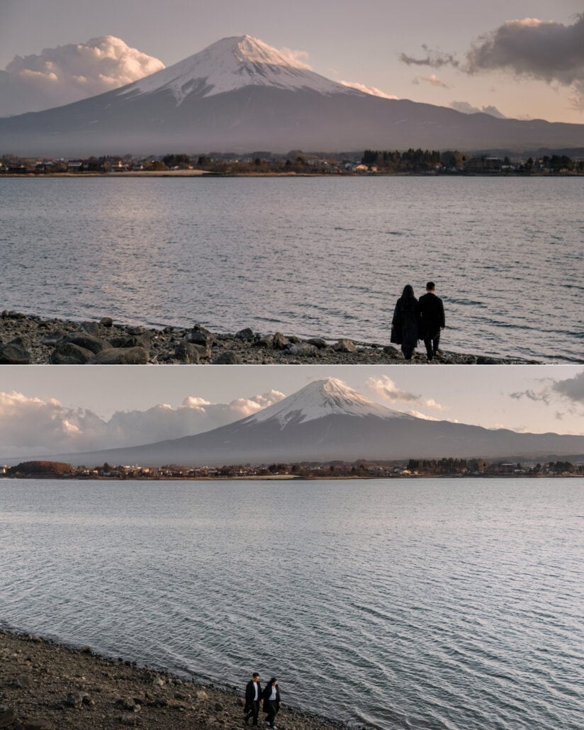 The couple in silhouette on the shore of Lake Kawaguchiko as the light fades over Mount Fuji, the end of their proposal day.
