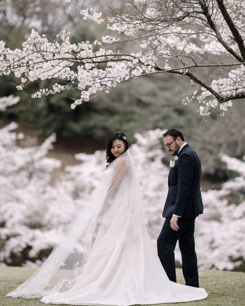 Under branches of cherry blossom, the bride and groom walk across the grass, her long veil trailing behind, on their spring wedding day in Japan.