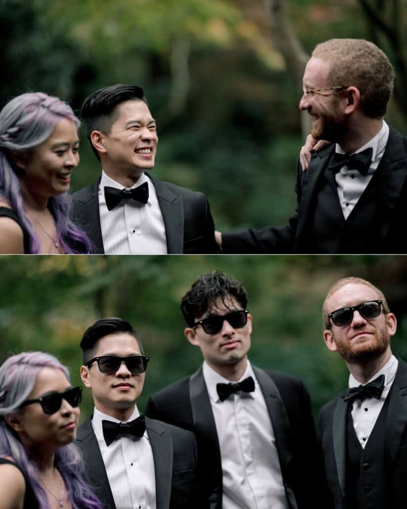 The groom laughs with his wedding party in Jinya's garden, then they line up in sunglasses and bow ties, a morning their Japan wedding film follows.
