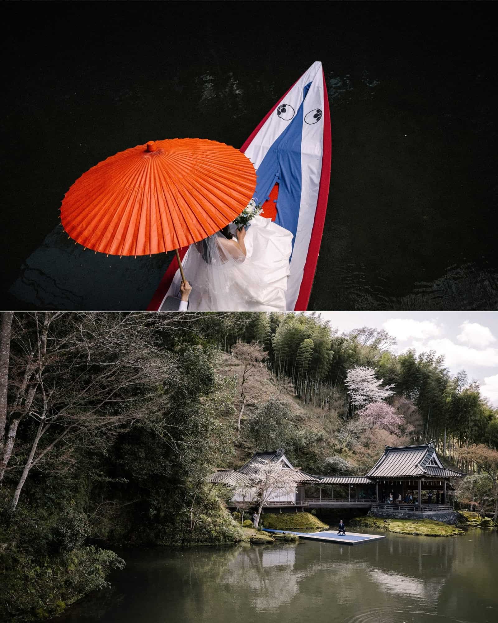 From above, the bride crosses a pond by boat under a red paper umbrella as guests wait on the Noh stage, a ryokan wedding venue in Japan.