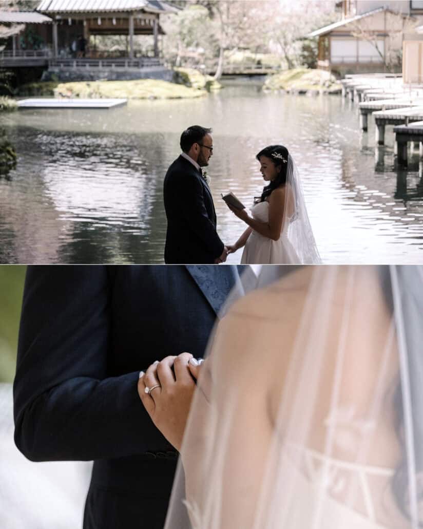 The bride reads her private vows from a small book by the pond at Asaba ryokan, and her hand with its engagement ring rests on the groom's arm.
