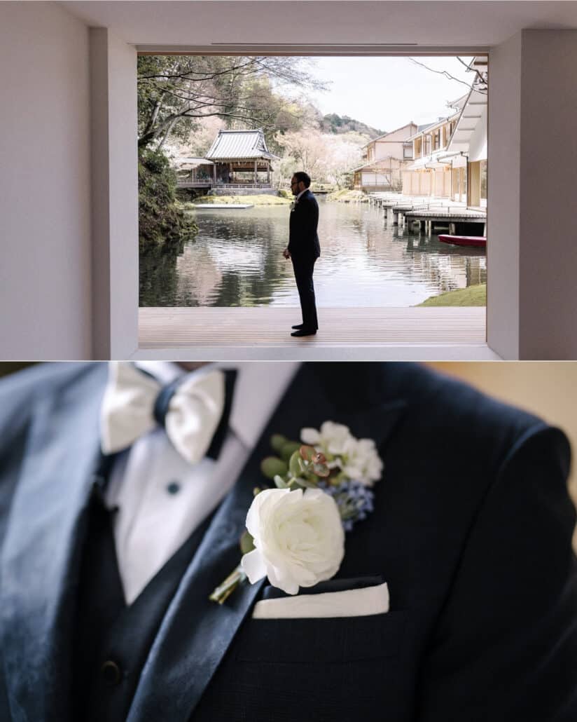 The groom waits alone on the pond deck at Asaba ryokan for the first look, framed by white walls, with a close view of his white rose boutonniere.