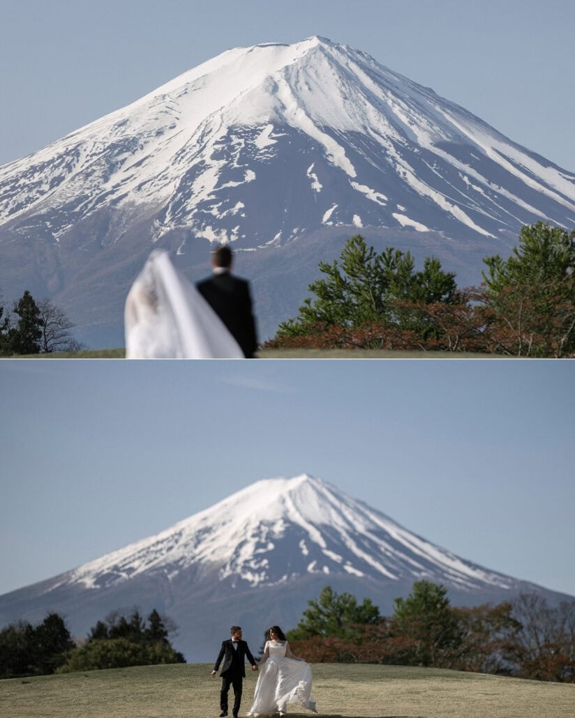 A clear Mt Fuji behind the bride's veil and the groom in soft focus, then the couple walk the lawn hand in hand, smiling, on their spring elopement.
