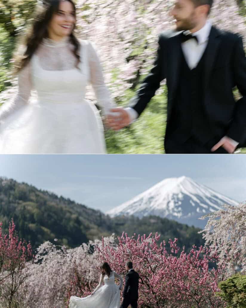 The couple walk hand in hand in a blur of blossom, then stroll among flowering peach and weeping cherry trees with Mt Fuji clear behind them.