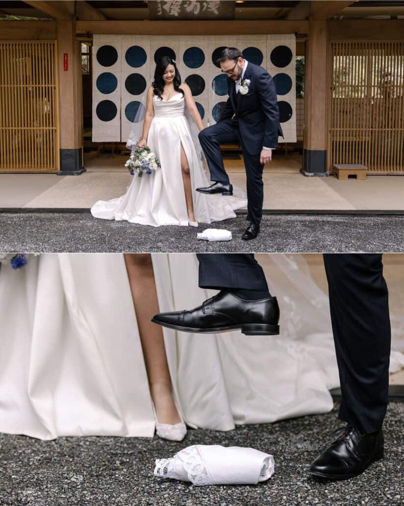 Breaking the glass at the round-window entrance of Asaba ryokan, the groom lifts his shoe over the lace-wrapped glass as the bride watches.
