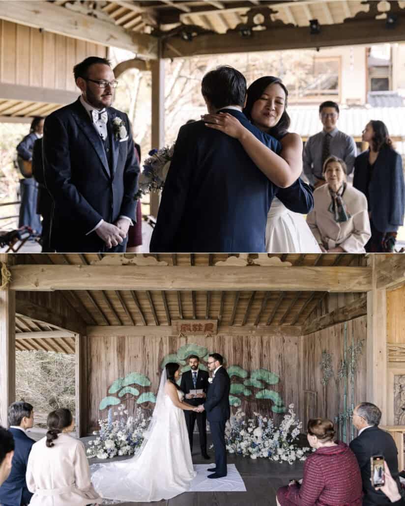 The bride hugs a guest as the groom waits on the Noh stage, and the couple hold hands before the friend officiating their Asaba ryokan wedding.