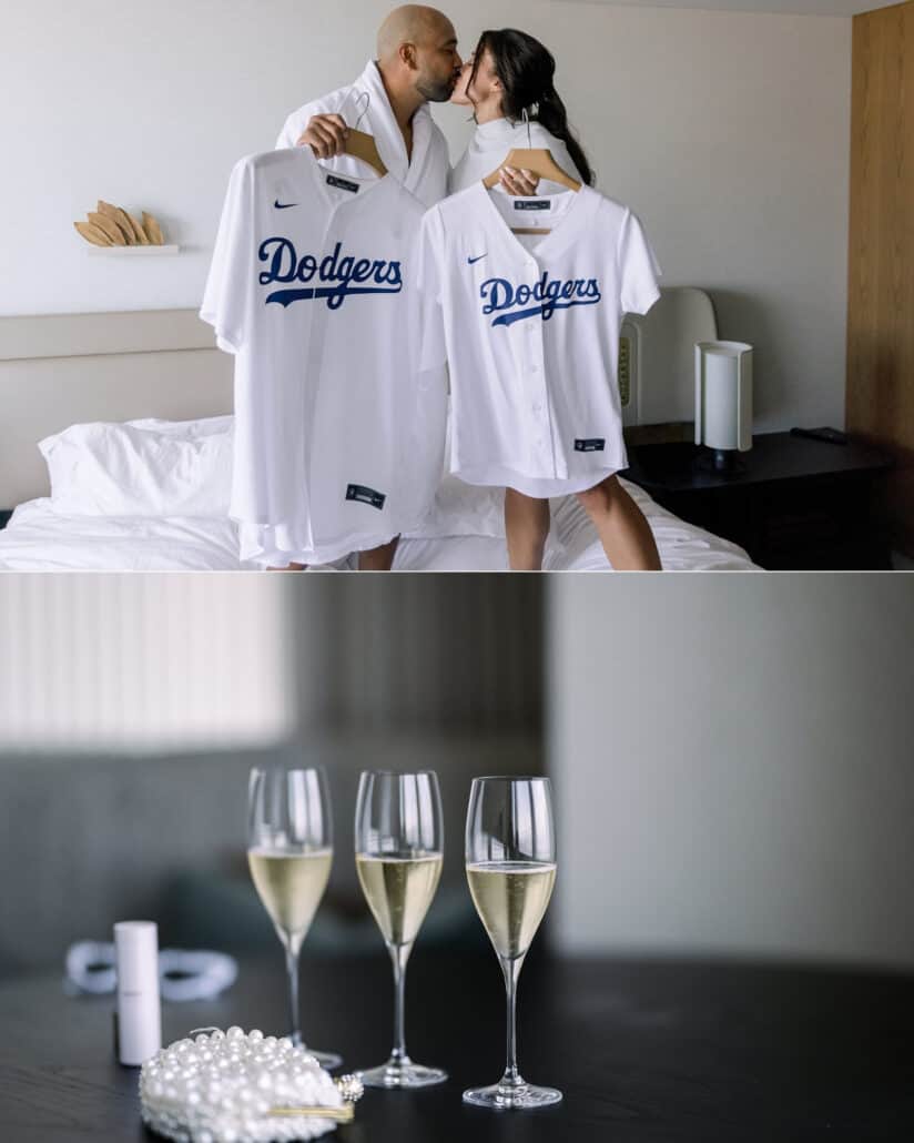 The bride and groom kiss behind their matching Dodgers jerseys in hotel robes, and champagne flutes beside a pearl clutch.