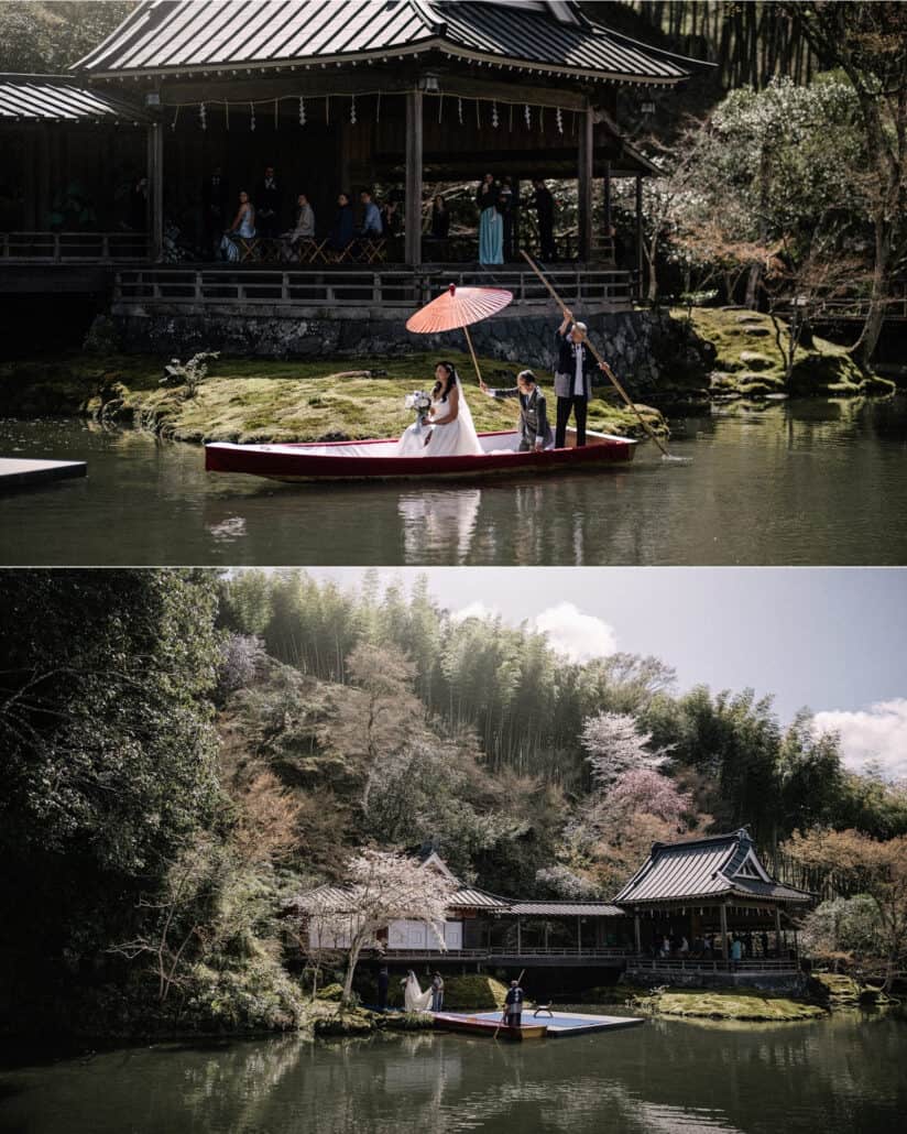The bride arrives by boat under a red paper umbrella as guests watch from the Noh stage, and the boat reaches the platform below a bamboo hillside.