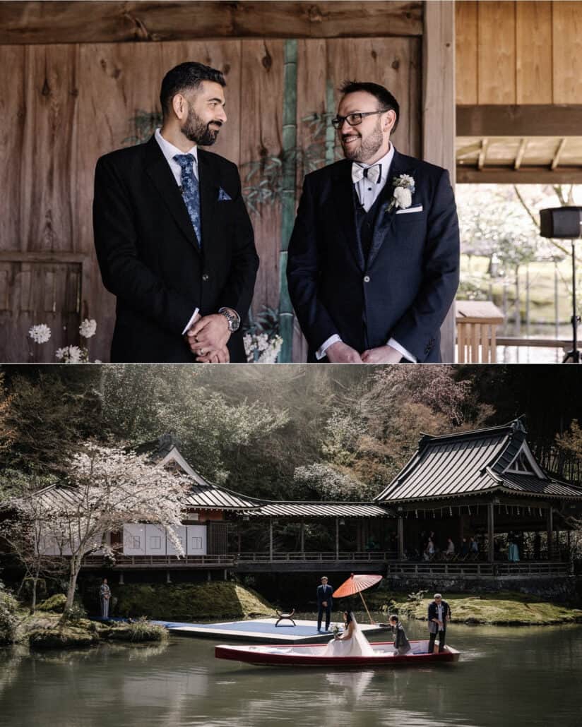 The groom and the friend officiating wait on the Noh stage, and the bride's boat crosses the pond under a red paper umbrella toward the platform.