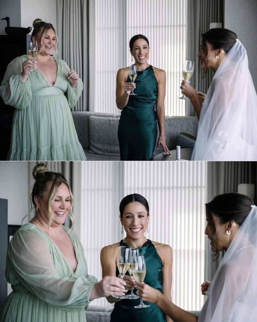 The bride and two friends raise champagne while getting ready at the Park Hyatt Tokyo, laughing through the toast.