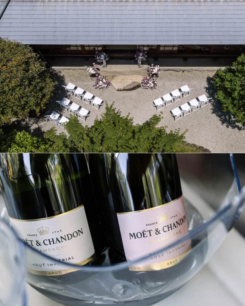 A drone view of white chairs and flowers set for an outdoor wedding at a traditional Japanese house in Tokyo, and champagne on ice.