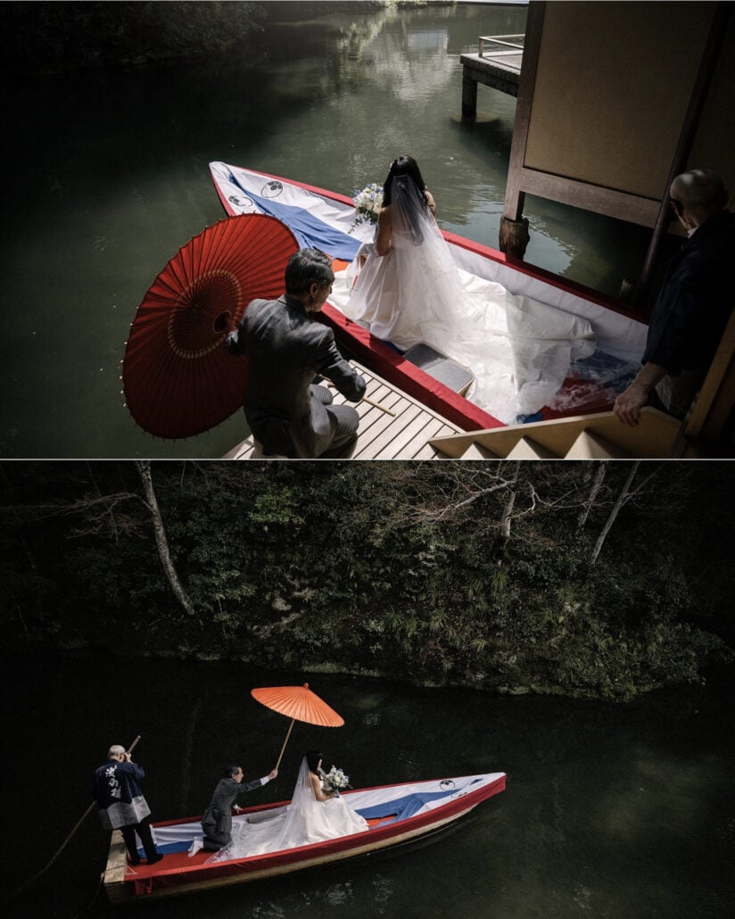 The bride settles into the boat at the landing beside a red paper umbrella, then the boatman poles her out across the pond in the boat processional.