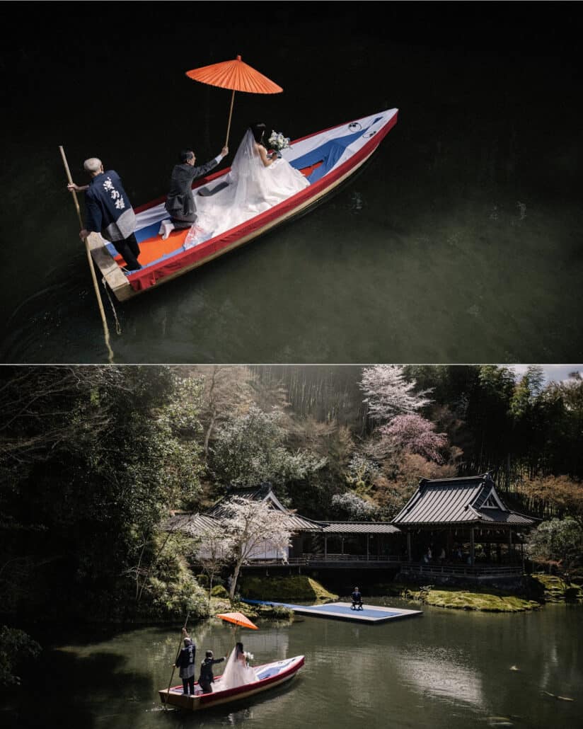 Seen from above, the boatman poles the bride across the pond under a wagasa, toward the floating platform in front of the Noh stage in Shuzenji Onsen.