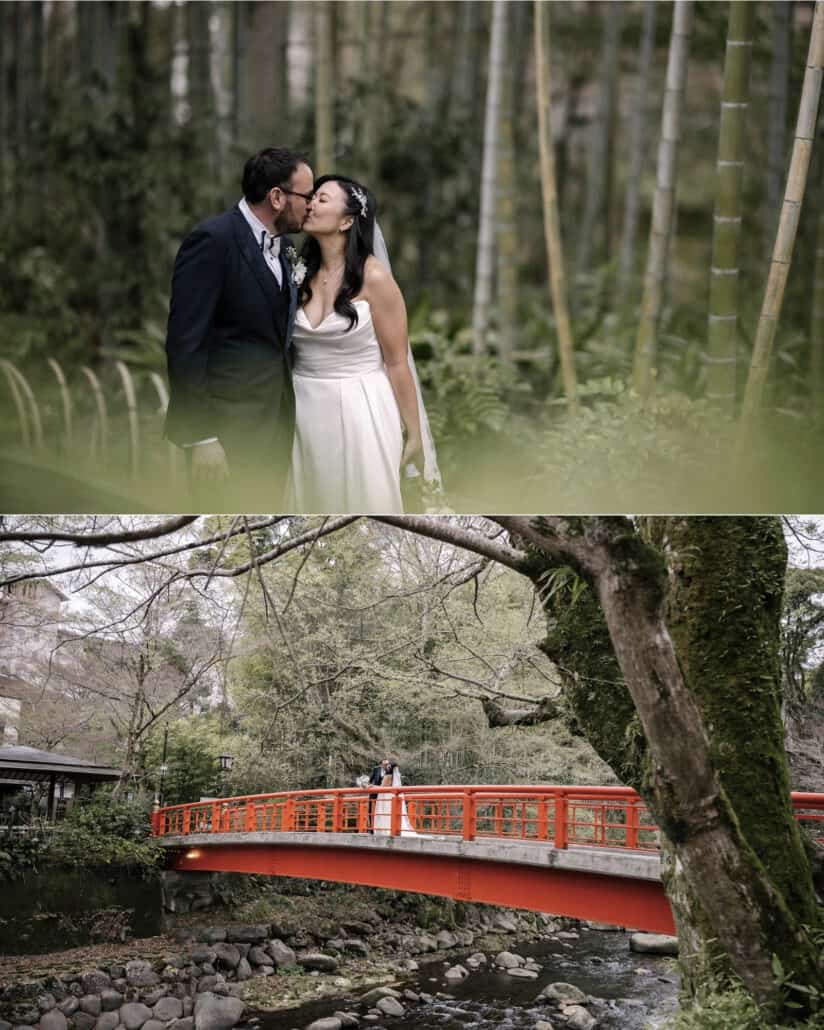 The couple kiss in a bamboo forest in Shuzenji, then stand together on the red bridge over the rocky river, framed by a mossy tree trunk.