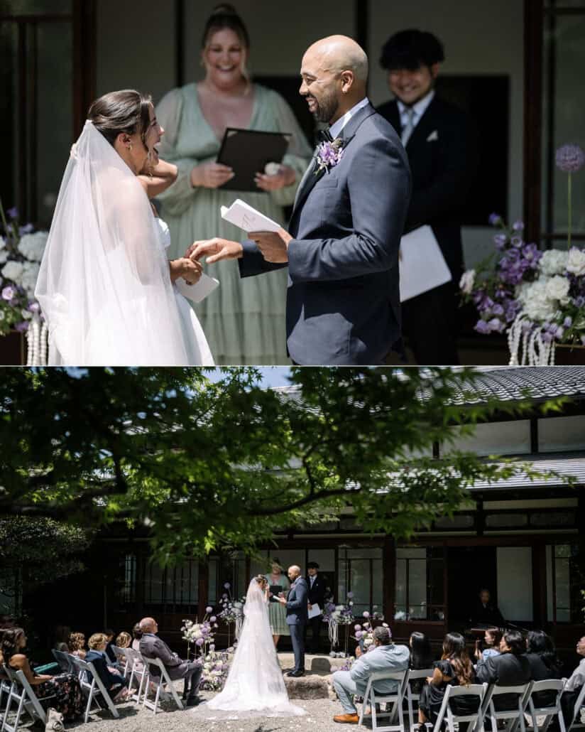 The groom reads from his vow book as the bride laughs, and a wide view of guests at the outdoor wedding in Tokyo.