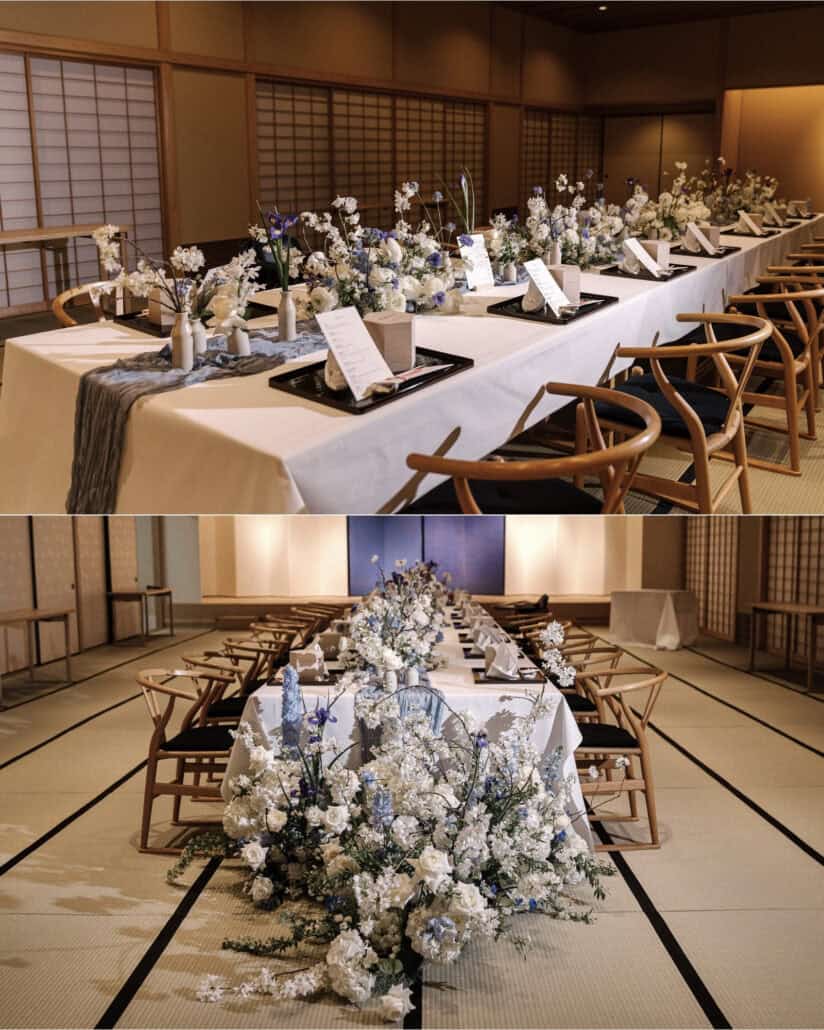 A tatami banquet hall set for the Asaba ryokan wedding reception, one long table with wishbone chairs and baby blue and white florals.