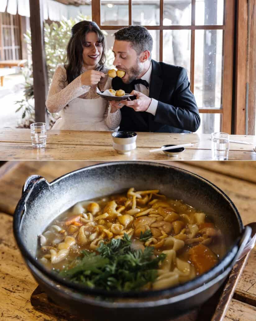 The bride feeds the groom a round snack from a skewer at a mountain teahouse, and hōtō noodles with pumpkin and greens fill an iron pot.