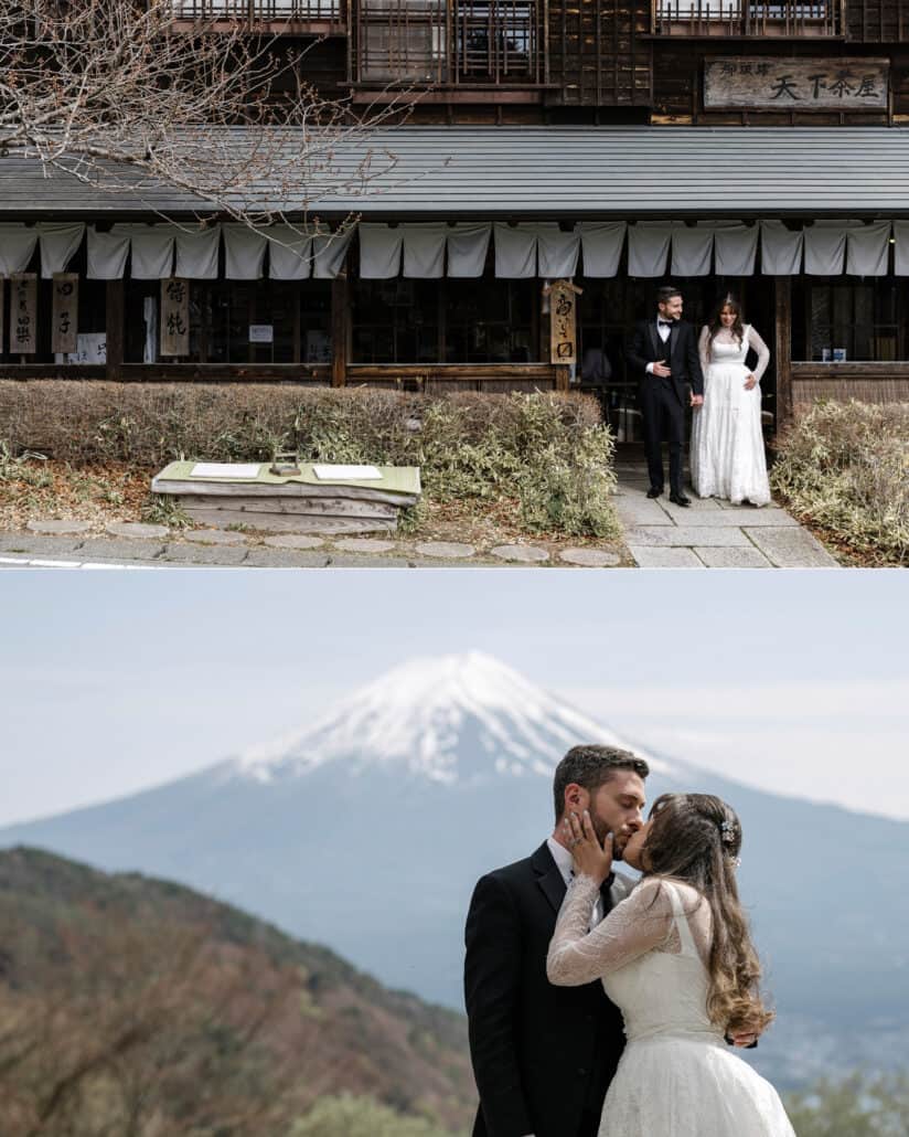 The couple stand hand in hand at the old wooden front of a mountain teahouse, then kiss on the pass above Lake Kawaguchi with Mt Fuji behind.