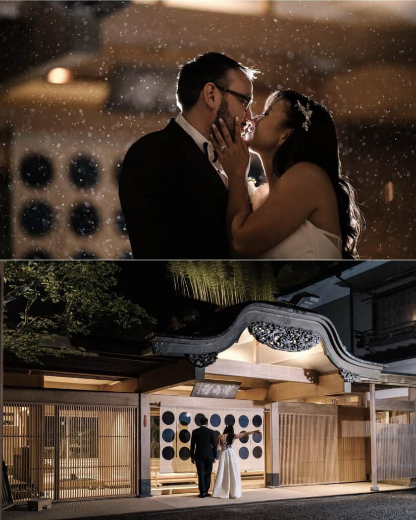 The couple lean in for a kiss in the rain, lit by flash against the round windows, then stand at the lit entrance of Asaba ryokan at night.