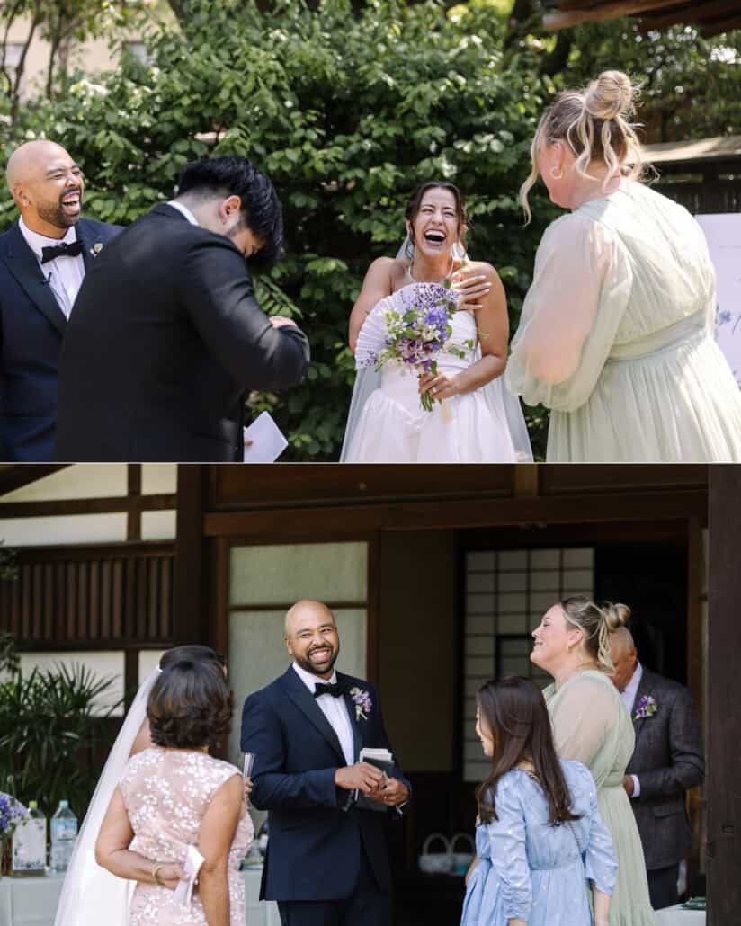 The bride laughs with friends straight after the ceremony, and the couple greet guests under the eaves of the old house.