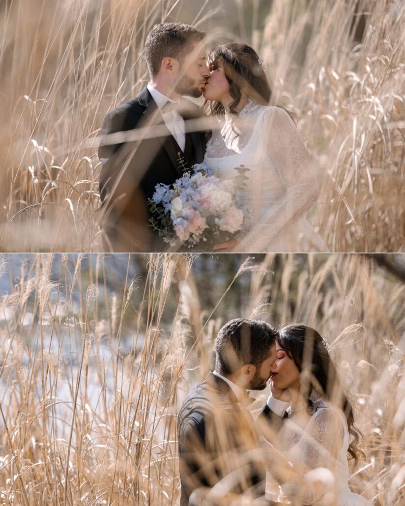 The couple kiss in tall dry grass by Lake Kawaguchi, her pale blue and pink bouquet between them, then kiss again low among the golden reeds.