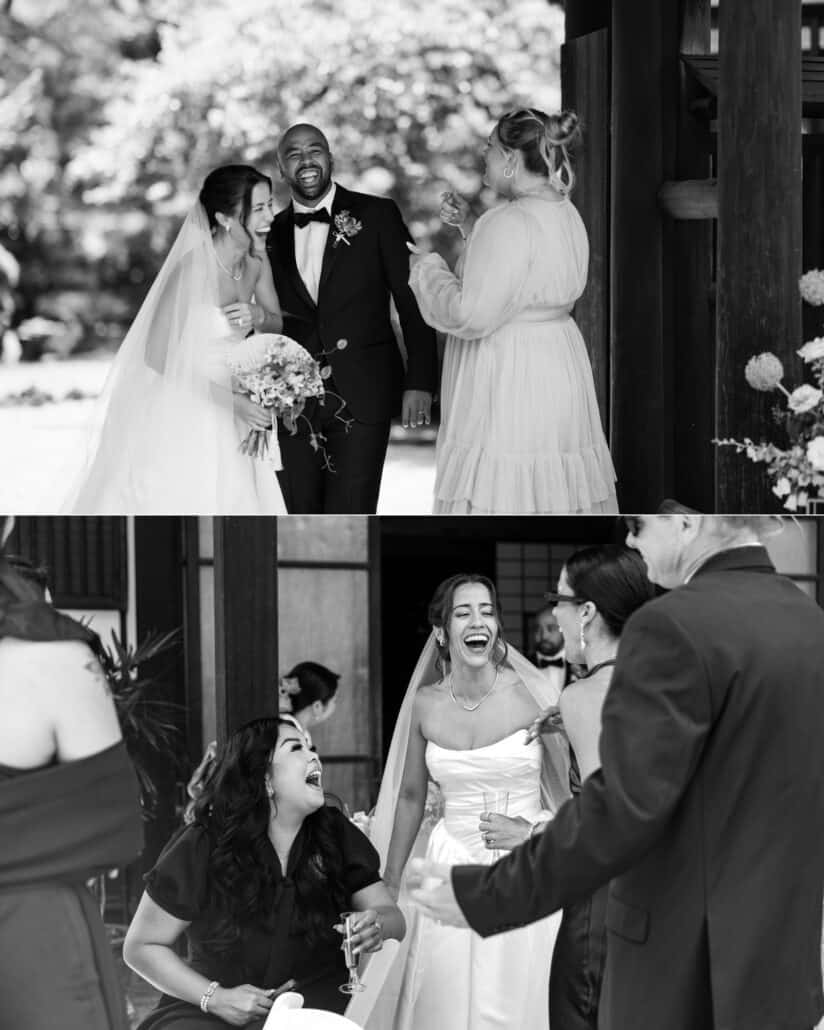 The bride and groom share laughs and hugs with friends straight after their garden ceremony, in black and white.