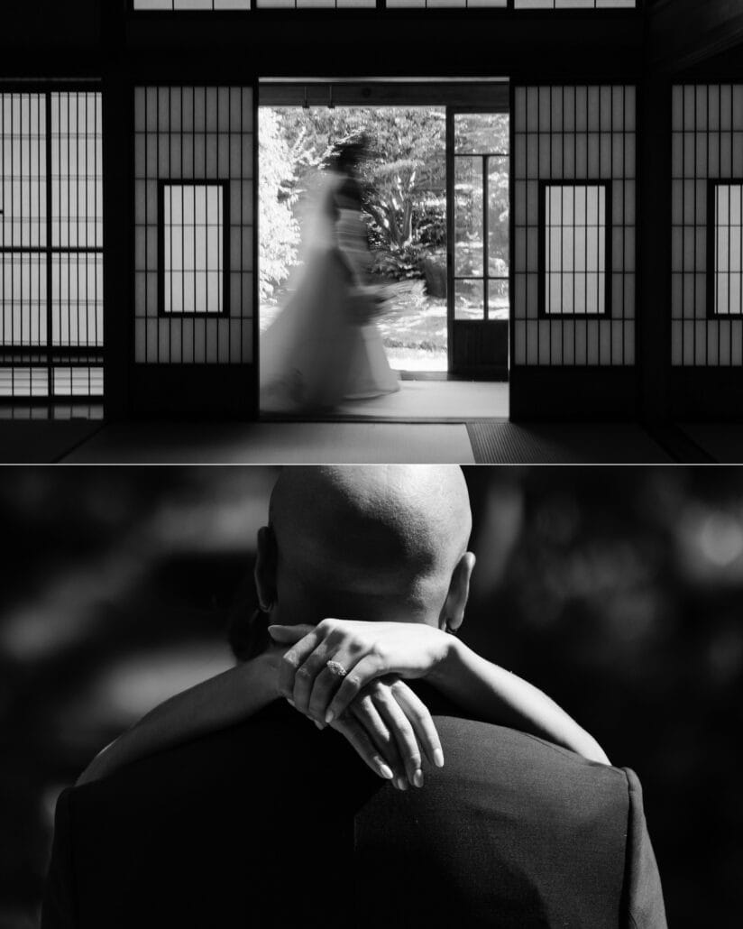 The bride moves through a shoji doorway, and her arms wrap around the groom's shoulders, in black and white.