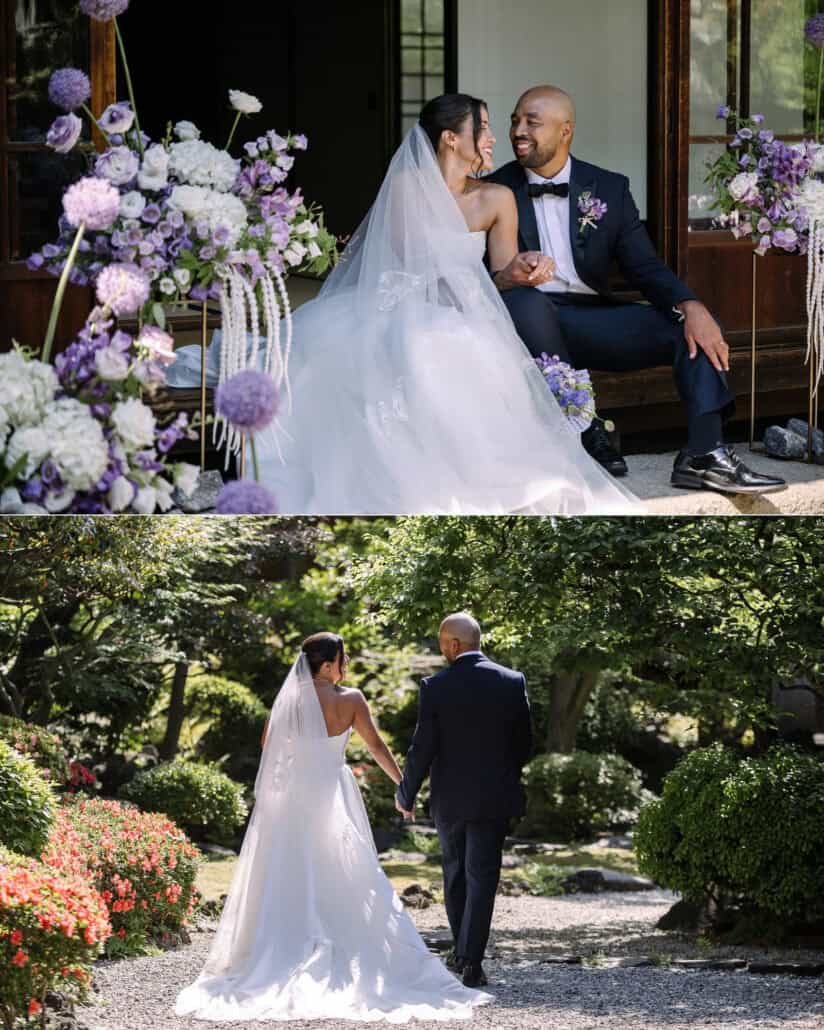 The couple laugh together on the veranda among the flowers, and walk away through the garden past red azaleas.