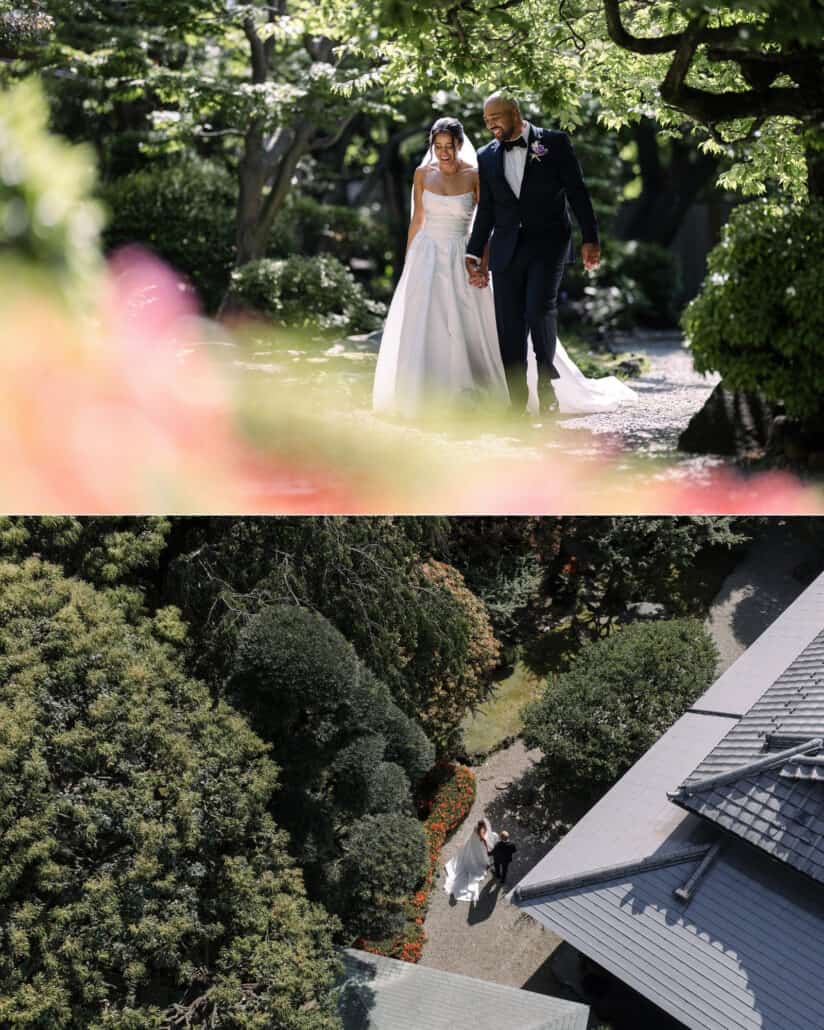 The couple stroll through the garden past a blur of azaleas, and a drone looks down on them beside the old tiled roof.