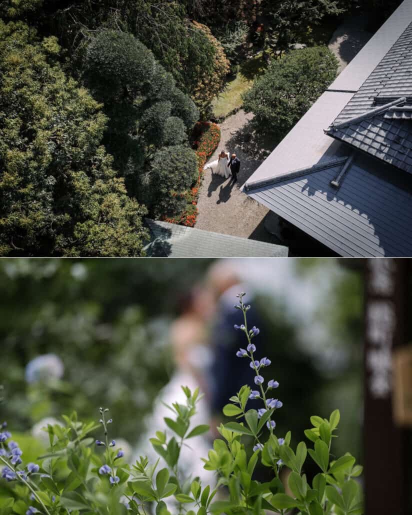 A drone view over the garden and tiled roof of the traditional Japanese house, and the couple seen through purple flowers.