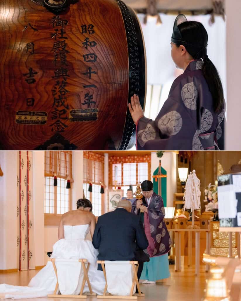 A priest beside the shrine's great taiko drum, and the bride and groom seated before the altar for a Shinto wedding blessing in Tokyo.