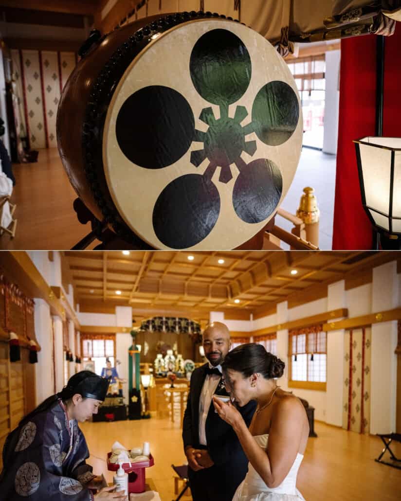 The shrine's great taiko drum with its plum blossom crest, and the bride sipping sake beside a priest at their Shinto wedding blessing.