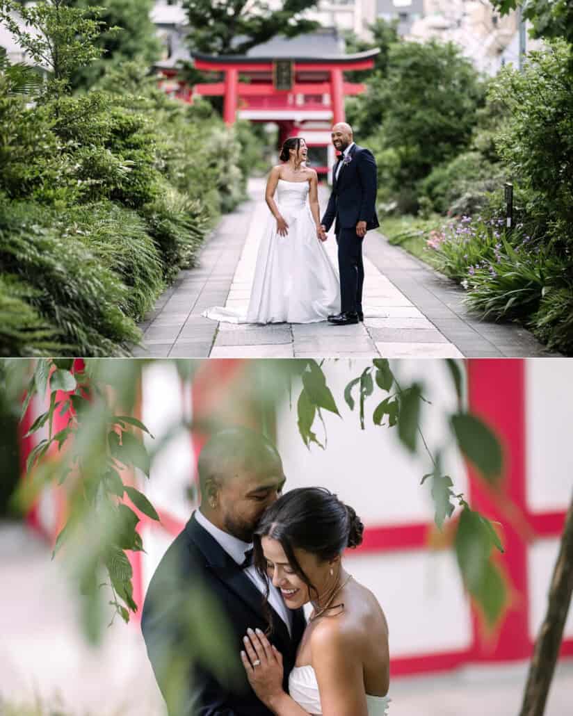 The couple on a shrine path with a vermilion torii behind, and a close embrace under the leaves, after their wedding blessing in Tokyo.