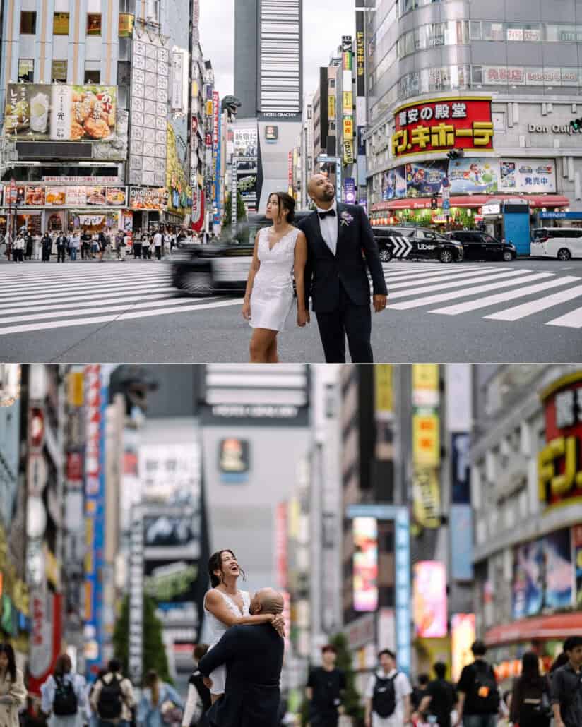 The bride in her mother's wedding dress, refashioned short, on a Shinjuku crossing, and the groom lifting her in the street.