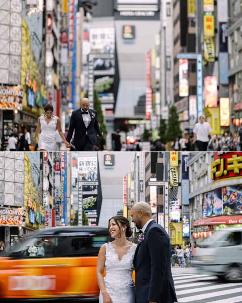 The couple weave through a busy Kabukicho street in Shinjuku, and pause as an orange taxi blurs past them.