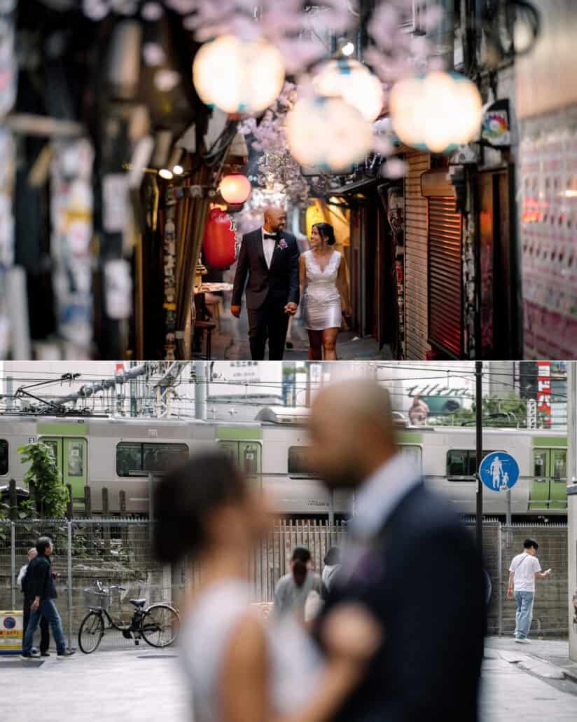 The couple walk a lantern-lit Shinjuku alley, and embrace as a green Yamanote Line train passes behind them.
