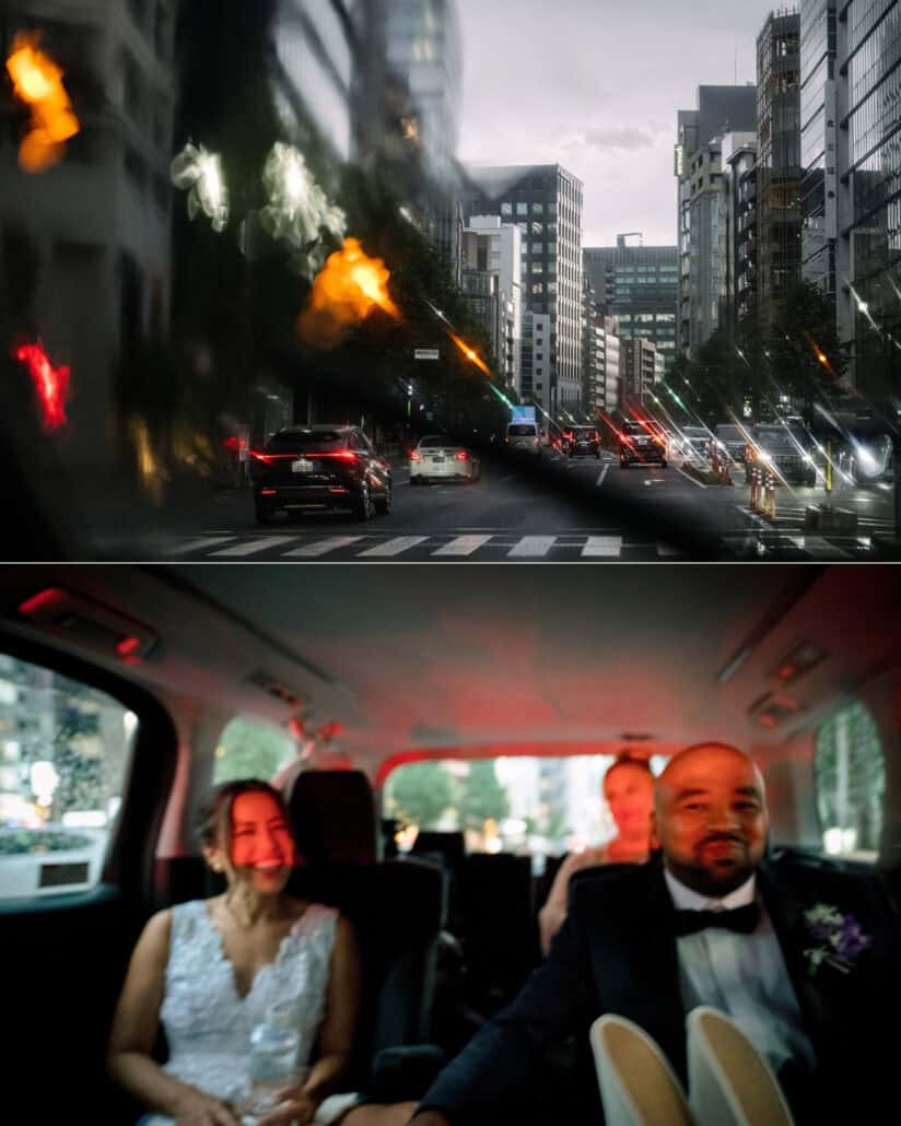 A Tokyo street at dusk through the car window, and the bride and groom laughing in the back seat on the way to their reception.