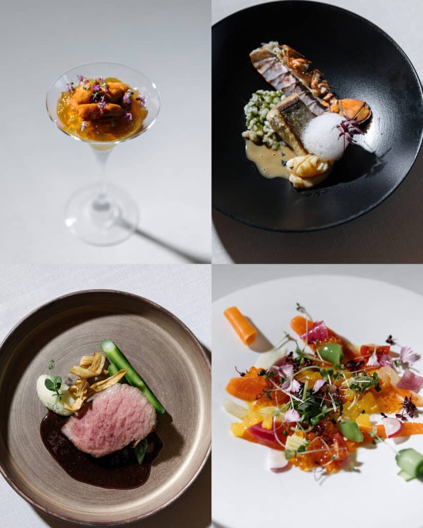 Four courses from the wedding dinner at Fujisan Winery: a starter in a cocktail glass, fish in a black bowl, beef with jus and a vegetable plate.